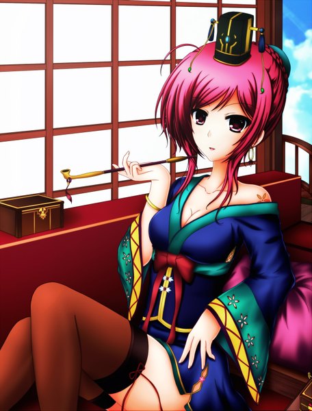 Anime picture 2558x3366 with original toyokawa itsuki (p mayuhime) single tall image looking at viewer highres short hair pink hair cleavage traditional clothes japanese clothes pink eyes tattoo girl thighhighs kimono pipe kiseru