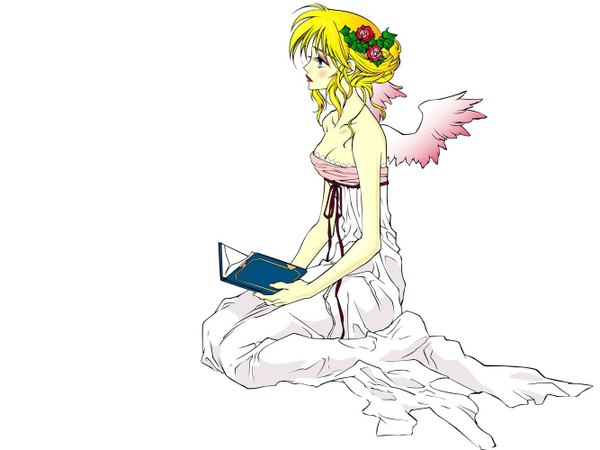 Anime picture 1333x1000 with princess ai blue eyes simple background blonde hair white background sitting profile hair flower lipstick kneeling eyeshadow girl dress hair ornament flower (flowers) wings book (books)