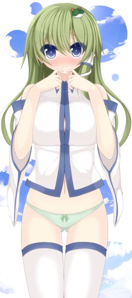 Anime picture 1075x2420 with touhou kochiya sanae chimunge single long hair tall image looking at viewer blush blue eyes light erotic bare shoulders green hair girl thighhighs hair ornament underwear panties detached sleeves white thighhighs hair tubes