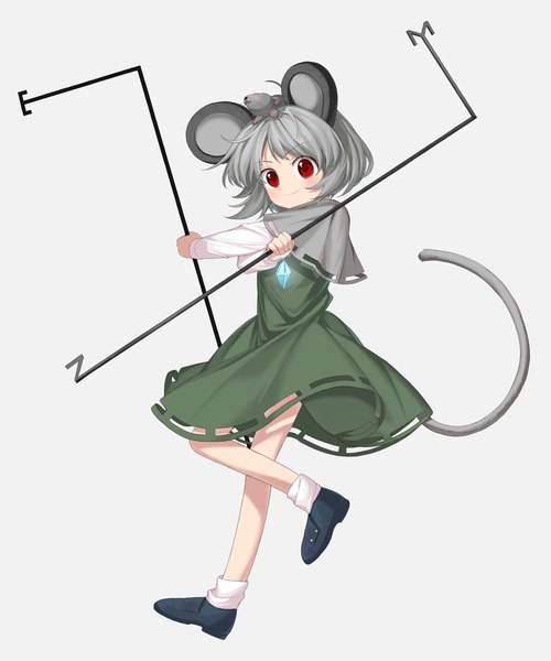 Anime picture 1707x2048 with touhou nazrin keiki8296 single tall image highres short hair simple background smile red eyes standing white background animal ears full body tail long sleeves animal tail grey hair standing on one leg mouse ears