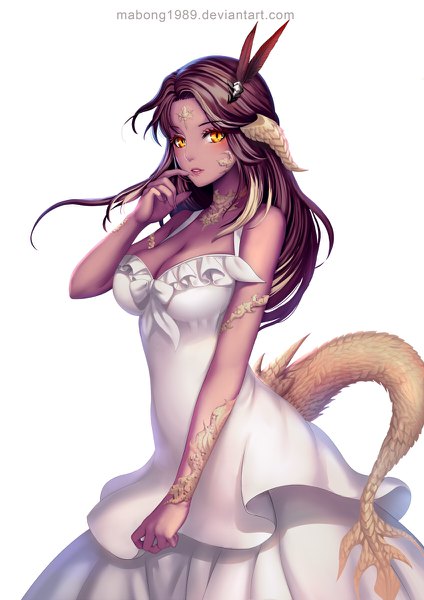 Anime picture 848x1200 with final fantasy final fantasy xiv square enix au ra riiya (mabong1989) single long hair tall image looking at viewer blush breasts simple background brown hair standing white background bare shoulders signed yellow eyes cleavage tail