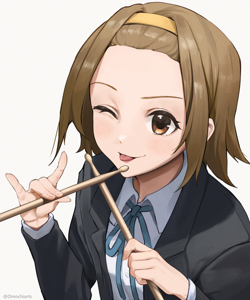 Anime picture 2520x3031 with k-on! kyoto animation tainaka ritsu omochiarts single tall image highres short hair simple background brown hair white background brown eyes signed upper body one eye closed wink twitter username girl uniform school uniform