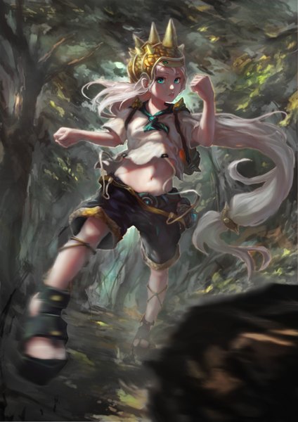 Anime picture 2480x3508 with league of legends rammus (league of legends) 32106fu single tall image looking at viewer highres very long hair parted lips aqua eyes lips grey hair girl navel plant (plants) tree (trees) shoes shorts forest clothes