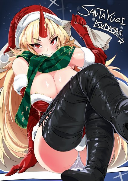 Anime picture 818x1157 with touhou hoshiguma yuugi ario single long hair tall image blush breasts light erotic blonde hair red eyes sitting cleavage horn (horns) inscription pantyshot character names huge breasts grin christmas