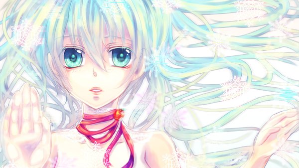 Anime picture 1920x1080 with vocaloid hatsune miku single long hair blush highres open mouth wide image bare shoulders very long hair aqua eyes lips aqua hair girl snowflake (snowflakes) stop