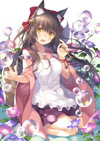 Anime picture 712x1000 with original rie (reverie) single long hair tall image looking at viewer blush fringe brown hair sitting animal ears yellow eyes tail long sleeves pleated skirt wide sleeves kneeling happy girl skirt