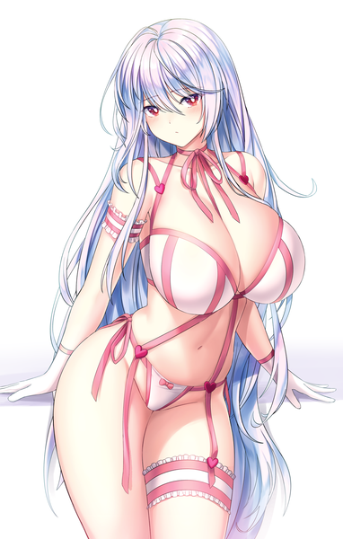 Anime picture 2000x3142 with closers mirae (closers) bindong single tall image looking at viewer blush fringe highres breasts light erotic simple background hair between eyes red eyes white background payot cleavage silver hair very long hair head tilt