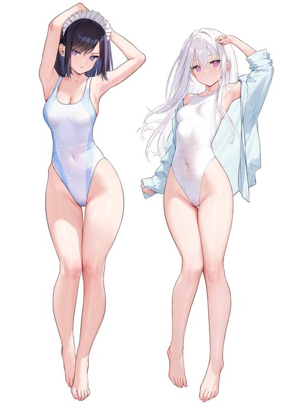 Anime picture 1110x1590 with original shiro-chan (mignon) sarah-san (mignon) mignon long hair tall image looking at viewer fringe short hair breasts light erotic black hair simple background hair between eyes standing white background purple eyes multiple girls cleavage full body