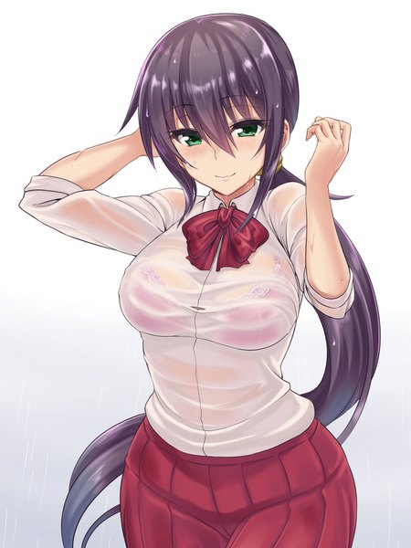 Anime picture 768x1024 with amaama to inazuma iida kotori sengoku aky long hair tall image looking at viewer blush fringe breasts light erotic black hair simple background smile hair between eyes green eyes payot ponytail pleated skirt wet gradient background