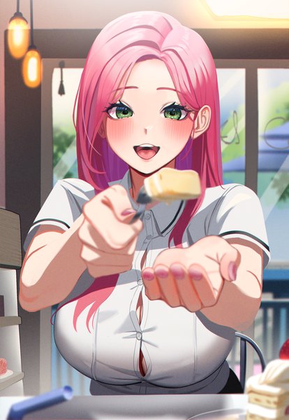 Anime picture 2200x3190 with original jiki (gkdlfnzo1245) single long hair tall image looking at viewer blush highres breasts open mouth smile large breasts holding green eyes pink hair indoors nail polish :d blurry short sleeves