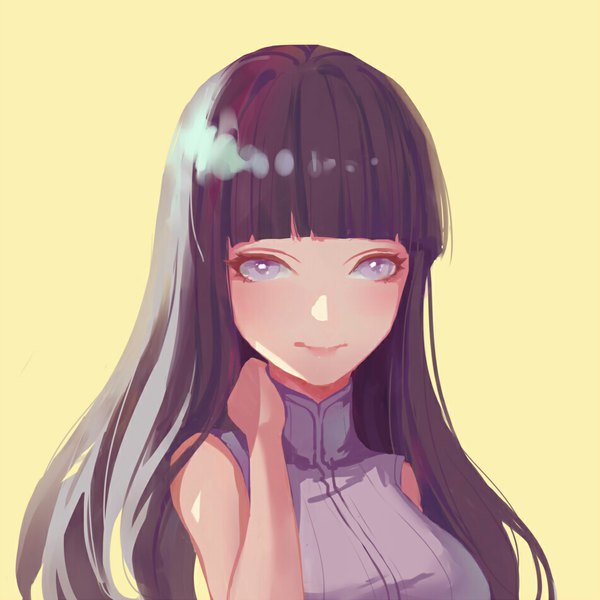 Anime picture 950x950 with naruto studio pierrot naruto (series) hyuuga hinata nho (316784766) single long hair looking at viewer blush fringe breasts black hair simple background large breasts purple eyes bare shoulders upper body blunt bangs light smile yellow background