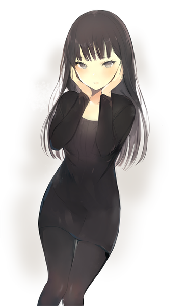 Anime picture 620x1007 with original lpip single long hair tall image looking at viewer blush fringe open mouth black hair simple background smile white background grey eyes hand on face knees touching girl dress pantyhose black pantyhose