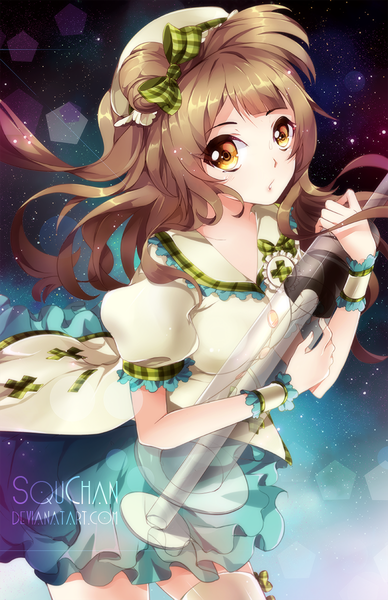 Anime picture 776x1200 with love live! school idol project sunrise (studio) love live! minami kotori squchan single long hair tall image brown hair yellow eyes pleated skirt one side up girl thighhighs skirt bow hair bow hat white thighhighs frills