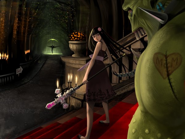 Anime picture 1600x1200 with penpen (artist) long hair black hair orc staff stairs