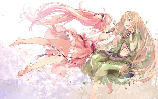 Anime picture 1920x1200 with original supertie long hair blush highres open mouth blonde hair wide image twintails multiple girls green eyes pink hair barefoot legs girl dress bow 2 girls petals