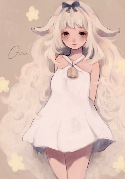 Anime picture 1035x1478 with original orie h single long hair tall image looking at viewer blush fringe simple background standing bare shoulders signed animal ears white hair grey background grey eyes hands behind back girl dress white dress
