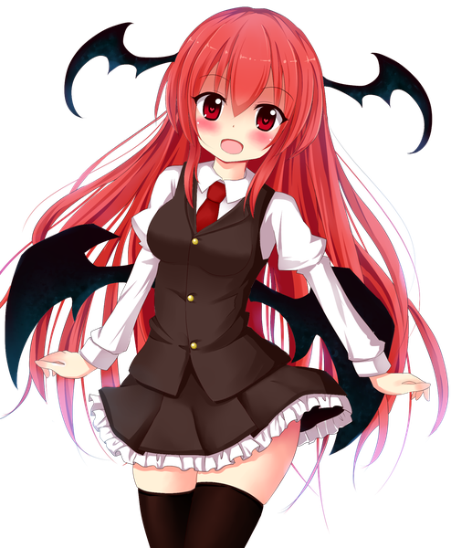 Anime picture 1709x2076 with touhou koakuma suigetsu (watermoon-910) single long hair tall image looking at viewer blush fringe highres breasts open mouth smile hair between eyes red eyes red hair long sleeves :d zettai ryouiki puffy sleeves