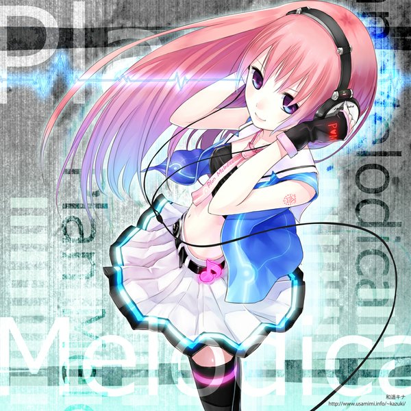 Anime picture 1000x1000 with original kazuharu kina single long hair smile purple eyes pink hair from above inscription girl thighhighs black thighhighs miniskirt necktie headphones fingerless gloves wire (wires)