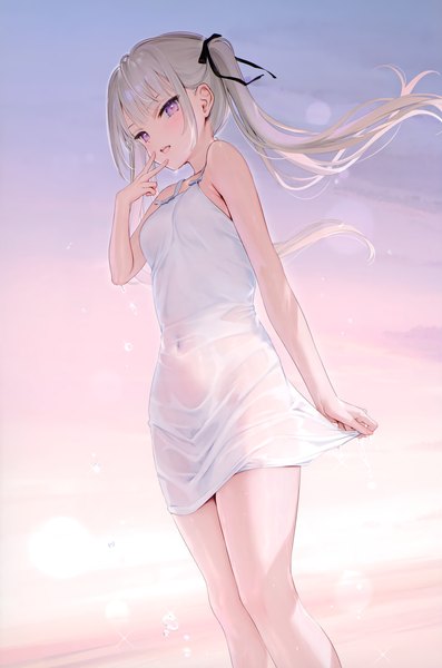 Anime-Bild 2332x3523 mit original kouhai-chan (mignon) mignon single long hair tall image looking at viewer blush fringe highres open mouth light erotic smile standing twintails payot sky blunt bangs :d arm up