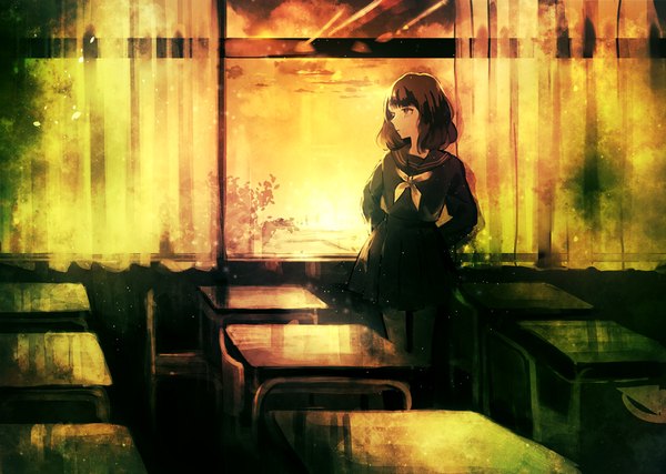 Anime picture 1000x713 with original yumeno yume single long hair blush fringe brown hair standing looking away profile pleated skirt sunlight evening sunset hands behind back sunbeam classroom girl thighhighs skirt