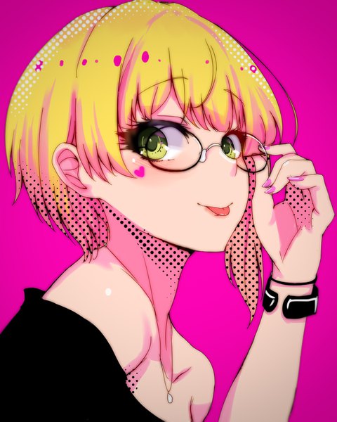 Anime picture 1199x1500 with idolmaster idolmaster cinderella girls miyamoto frederica ryuu. single tall image looking at viewer short hair simple background blonde hair bare shoulders green eyes nail polish off shoulder portrait pink background :p pink nail polish adjusting glasses bespectacled