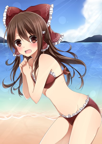 Anime picture 1000x1406 with touhou hakurei reimu yamasuta single long hair tall image looking at viewer blush open mouth light erotic brown hair standing bare shoulders brown eyes sky cloud (clouds) sunlight beach mountain sand