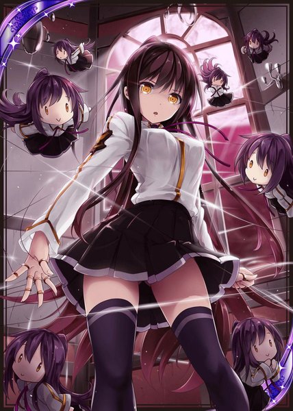Anime picture 640x896 with shinkai no valkyrie tagme (artist) single long hair tall image looking at viewer fringe breasts open mouth light erotic black hair standing holding yellow eyes bent knee (knees) indoors pleated skirt fingernails zettai ryouiki girl