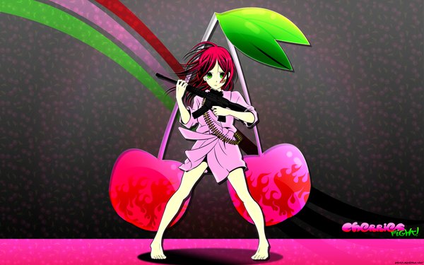 Anime picture 1920x1200 with yasuko (artist) single long hair highres wide image green eyes red hair barefoot girl weapon food gun berry (berries) cherry