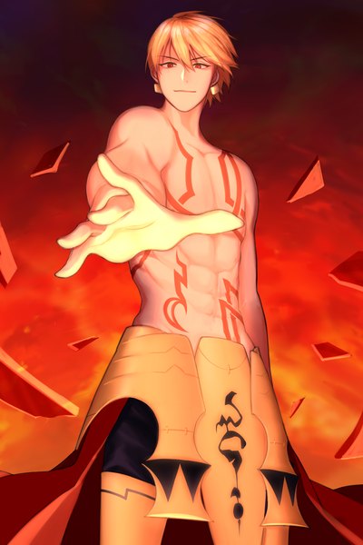 Anime picture 2000x3000 with fate (series) fate/stay night type-moon gilgamesh (fate) single tall image looking at viewer highres short hair blonde hair red eyes bare shoulders bare belly tattoo outstretched arm shirtless boy earrings armor
