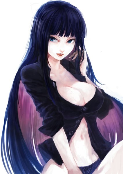 Anime picture 636x900 with panty & stocking with garterbelt anarchy stocking lack single long hair tall image fringe breasts open mouth blue eyes light erotic simple background large breasts white background blue hair looking away pink hair cleavage multicolored hair two-tone hair