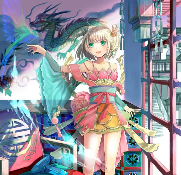 Anime picture 1171x1134 with original hayama eishi single short hair open mouth blonde hair bare shoulders green eyes ahoge magic painting girl dress hair ornament detached sleeves earrings window hairclip dragon