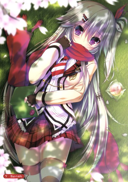 Anime picture 2390x3400 with hanasaki work spring shiranui inori syroh single long hair tall image looking at viewer blush highres purple eyes white hair lying scan different thighhighs girl thighhighs skirt gloves petals scarf