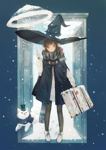 Anime picture 800x1131 with original dangmill single long hair tall image looking at viewer brown hair holding full body head tilt pink eyes snowing winter snow transparent umbrella footprints girl hat animal pantyhose