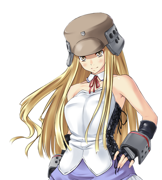 Anime picture 1350x1500 with kujibiki unbalance ritsuko kubel kettenkrad shirota mizuki single long hair tall image looking at viewer blonde hair simple background white background yellow eyes hand on hip girl gloves fingerless gloves helmet