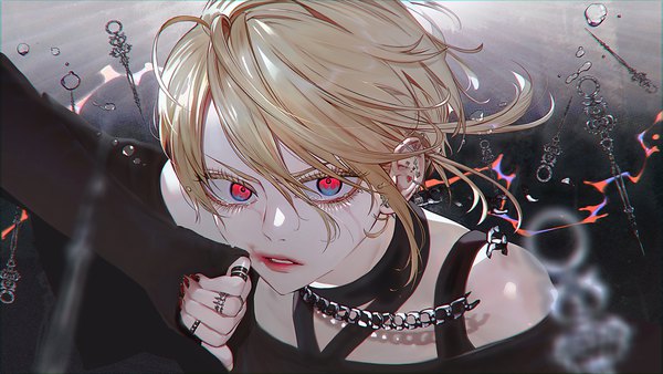 Anime picture 2880x1620 with original nanase miri single highres short hair blonde hair wide image long sleeves nail polish parted lips lipstick piercing sleeves past wrists ear piercing red lipstick multicolored eyes girl chain ring