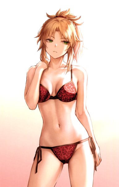 Anime picture 4257x6633 with fate (series) fate/grand order fate/apocrypha mordred (fate) mashuu (neko no oyashiro) single tall image fringe highres short hair breasts light erotic blonde hair simple background standing green eyes payot looking away absurdres cleavage