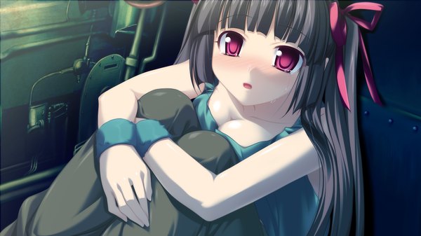 Anime picture 1600x900 with single black hair wide image sitting purple eyes game cg girl ribbon (ribbons)