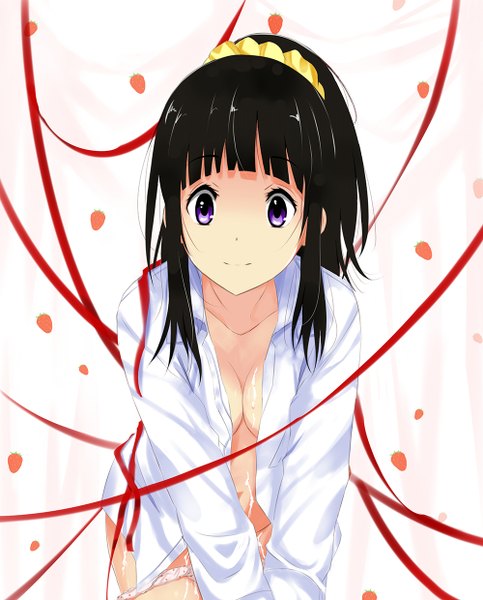 Anime picture 1000x1240 with hyouka kyoto animation chitanda eru single long hair tall image looking at viewer breasts light erotic black hair purple eyes open clothes open shirt girl ribbon (ribbons)