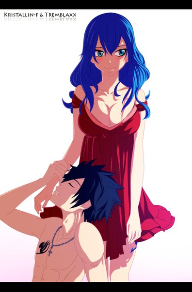 Anime picture 800x1213 with fairy tail gray fullbuster juvia lockser tremblax long hair tall image blush short hair breasts blue eyes light erotic black hair smile bare shoulders blue hair eyes closed profile tattoo couple coloring