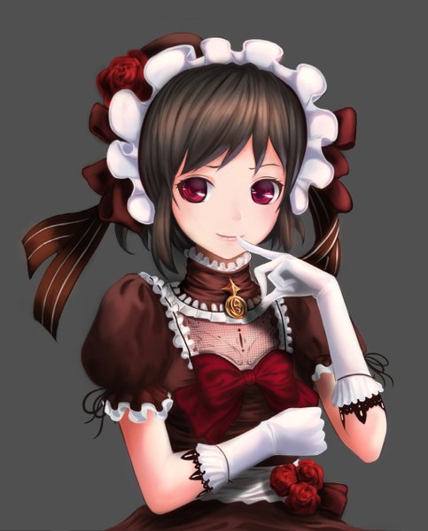 Anime picture 1024x1270 with original benezia single tall image looking at viewer short hair black hair simple background red eyes grey background finger to mouth girl dress gloves flower (flowers) bow frills headdress