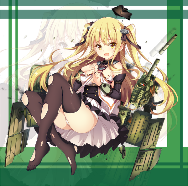 Anime picture 1254x1240 with original jianren single long hair looking at viewer light erotic blonde hair yellow eyes one eye closed wink pantyshot torn clothes girl thighhighs dress underwear panties bow weapon black thighhighs