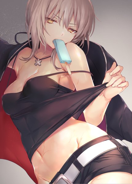 Anime picture 800x1119 with fate (series) fate/grand order artoria pendragon (all) saber alter vivi (eve no hakoniwa) single long hair tall image looking at viewer fringe breasts light erotic simple background hair between eyes bare shoulders holding yellow eyes payot cleavage grey hair