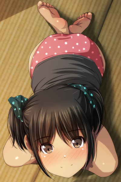 Anime picture 1600x2400 with original matsunaga kouyou single tall image looking at viewer blush fringe short hair light erotic smile hair between eyes twintails bare shoulders brown eyes payot full body ass indoors barefoot from above