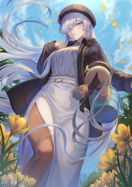 Anime picture 1302x1842 with fate (series) fate/grand order anastasia (fate) viy (fate) mashuu (neko no oyashiro) single long hair tall image looking at viewer fringe blue eyes standing sky silver hair cloud (clouds) outdoors long sleeves parted lips wind hair over one eye