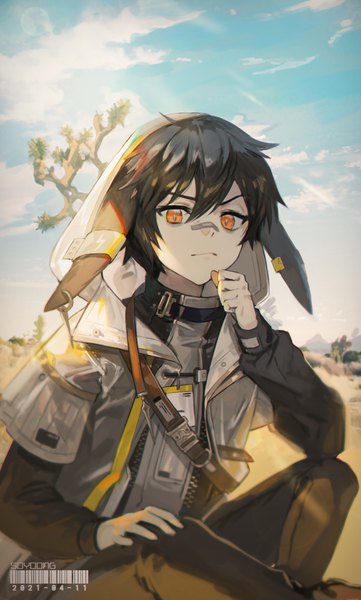 Anime picture 1033x1716 with arknights ayerscarpe (arknights) soyoong jun single tall image fringe short hair black hair hair between eyes sitting animal ears sky cloud (clouds) outdoors orange eyes bunny ears indian style bandaid on nose boy plant (plants)