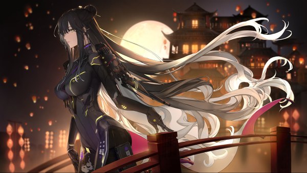 Anime picture 2427x1369 with punishing: gray raven bianca (punishing: gray raven) noir (ibaraki) single long hair fringe highres breasts blonde hair hair between eyes wide image standing yellow eyes payot looking away outdoors multicolored hair wind blurry night