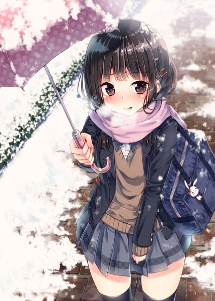 Anime picture 1295x1812 with original sakuragi ren single long hair tall image looking at viewer blush fringe black hair brown eyes outdoors blunt bangs pleated skirt from above zettai ryouiki outstretched arm snowing winter snow exhalation