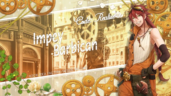 Anime picture 1920x1080 with code: realize ~sousei no himegimi~ impey barbicane miko (artist) single long hair fringe highres smile hair between eyes wide image standing green eyes payot looking away upper body red hair braid (braids) sunlight official art teeth
