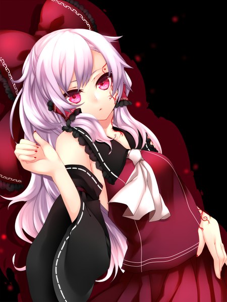 Anime picture 1200x1599 with touhou hakurei reimu yutazou single long hair tall image looking at viewer red eyes purple hair tattoo girl bow hair bow detached sleeves