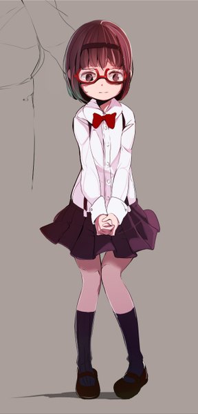 Anime picture 645x1343 with mahou shoujo madoka magica shaft (studio) akemi homura kokoro6636 single tall image short hair simple background brown hair standing brown eyes full body grey background thigh gap looking down hands clasped knees touching alternate age younger girl